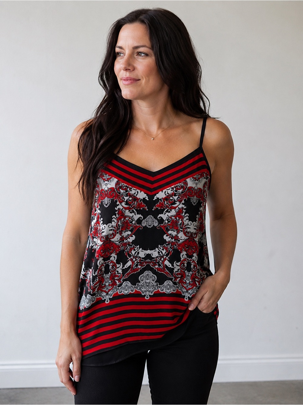 Bisou Bisou Red Black Baroque Print Chiffon Cami Tank Top Size M